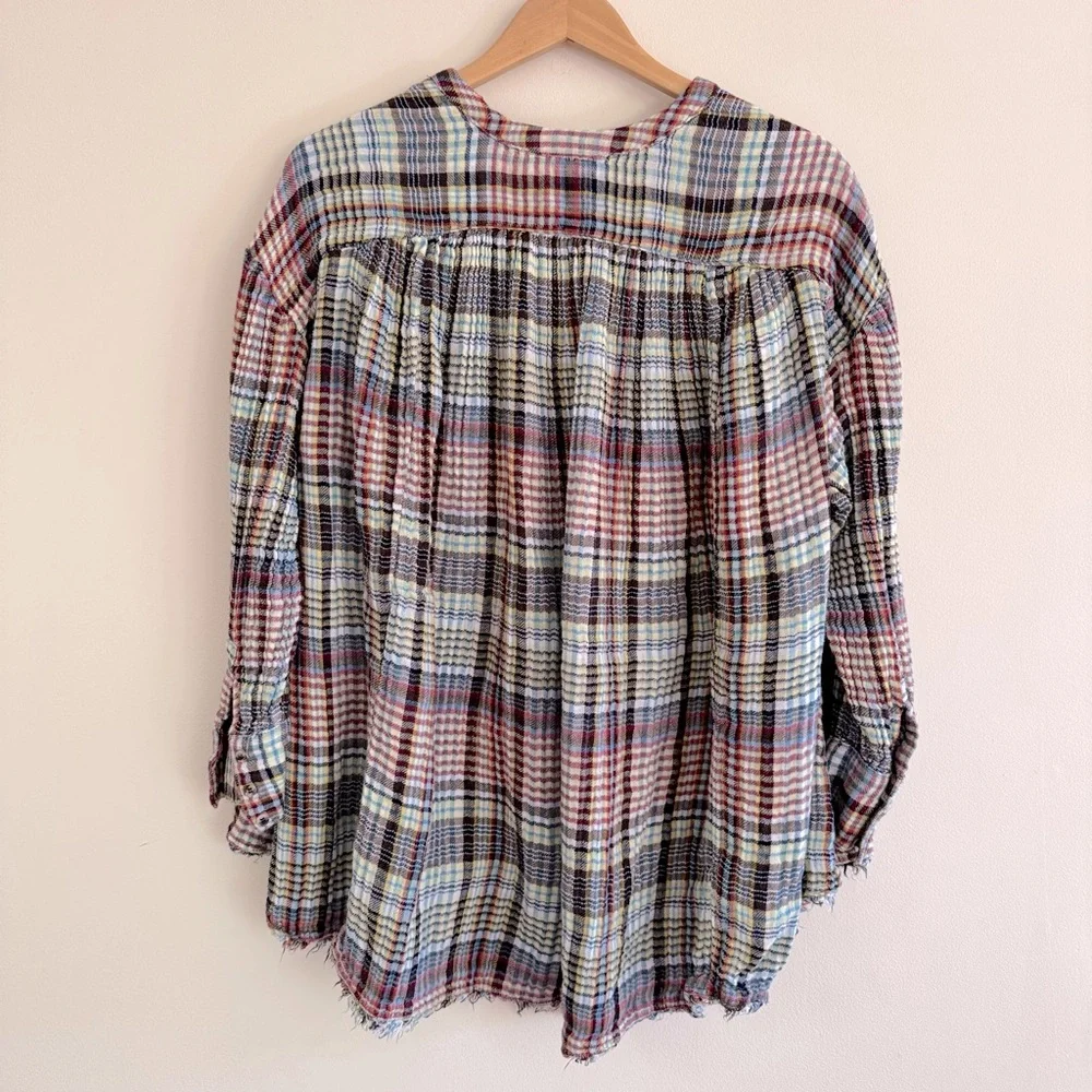 Free People “Come On Over” Oversized‎ Plaid Shirt Size XS